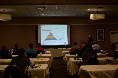 A man presents in front of a projector screen. The screen displays a slide with a triangle graphic.