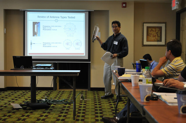 David Kim shows one of the antennas tested in the OSU study.